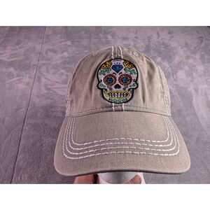 Wild Wear Sugar Skull Diamond Baseball Hat Khaki Tan Distressed Contrast Stitch